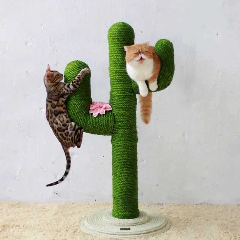 Two cats hanging from a cactus-shaped scratching post