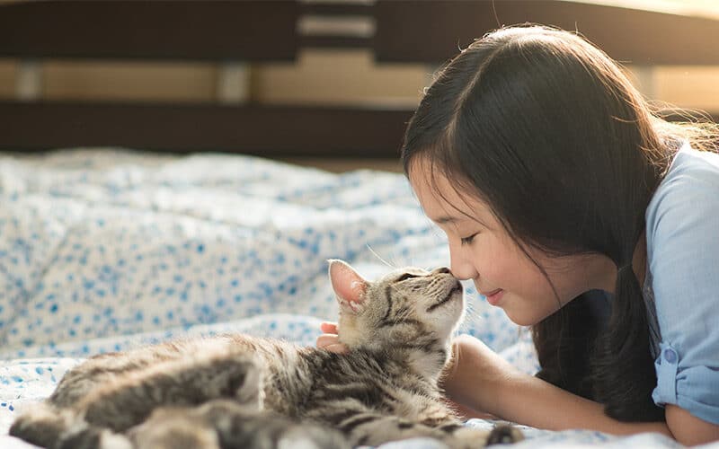 A girl cuddling with her cat